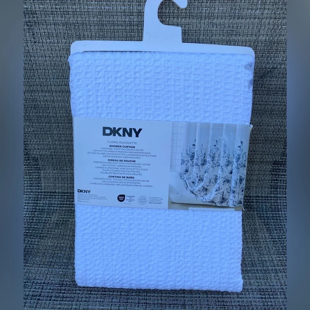 DKNY Floral Silhouette Waffle White Blue Cotton Fabric Shower Curtain 72